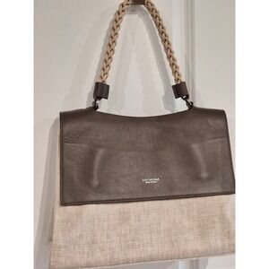 Lia Numa Made in Italy Leather & Linen Handbag Braided Handle Olive Brown Cream
